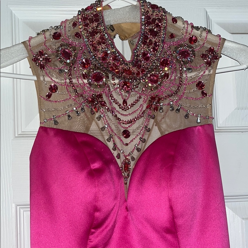 Sherri Hill Pink Satin Gown with Beaded Neckline
